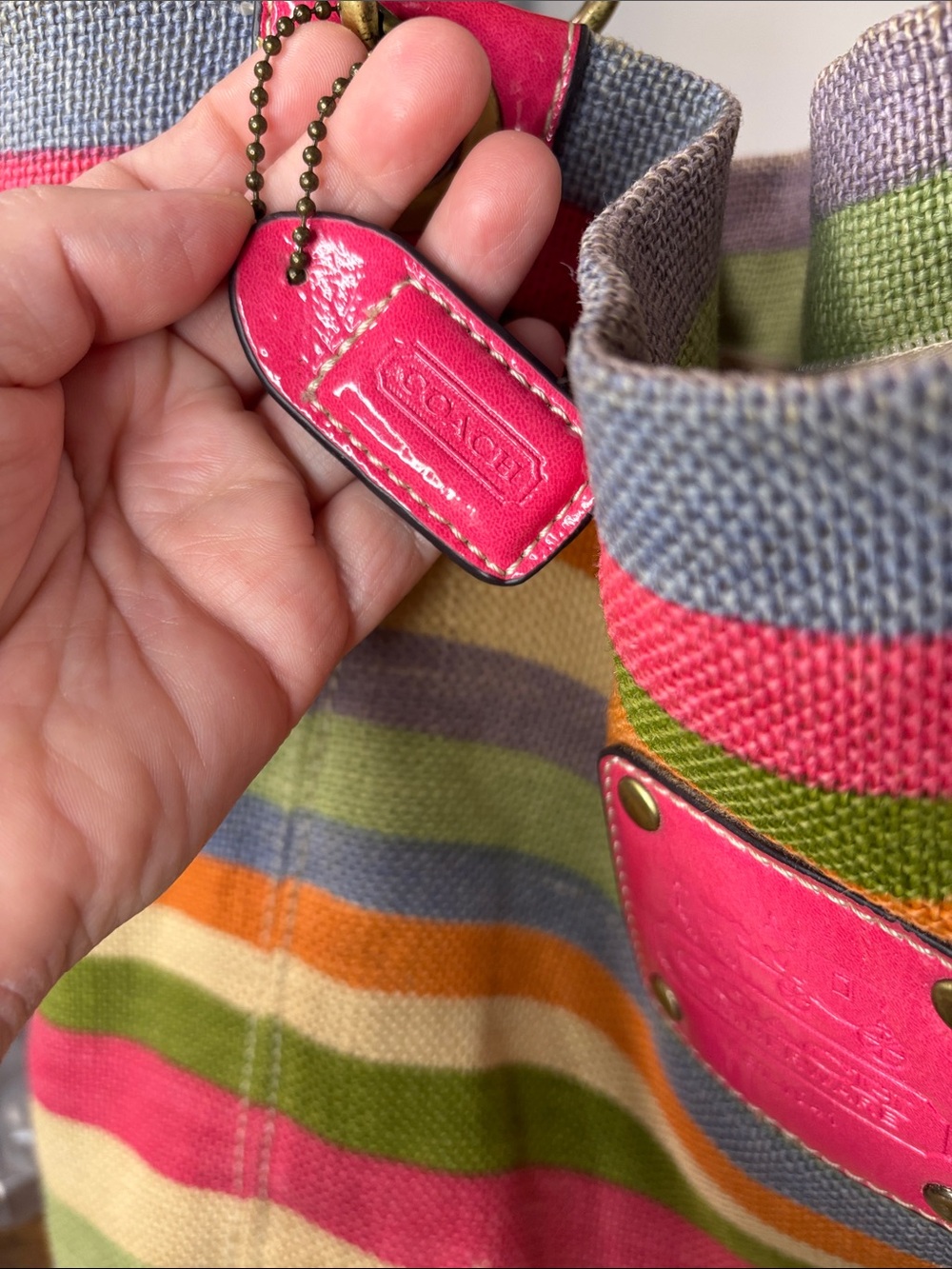 Coach HTF Legacy Striped Multicolor Woven Tote Bag with Pink Patent Leather Trim - Picture 11 of 16